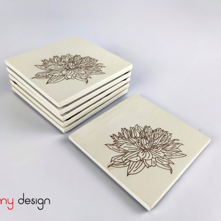 Set of 6 square lacquer coasters engraved with dahlia